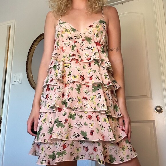 Mimi Chica Women's Pink Tiered Spaghetti Strap Mini Dress W/Butterflies Size Med - Picture 1 of 6